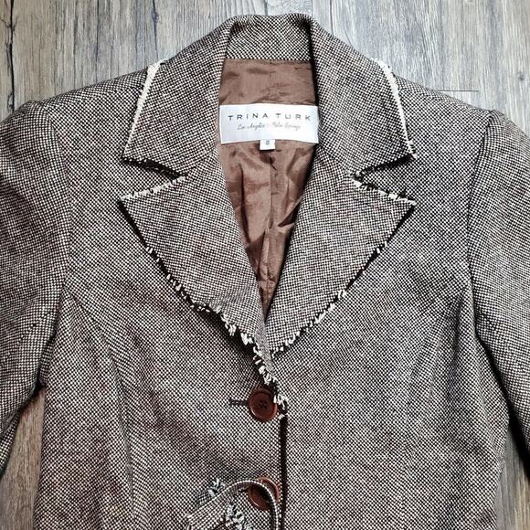 Trina Turk Women Size 8 Tan Houndstooth Blazer Preppy Classic Workwear Mod Style - Picture 2 of 9